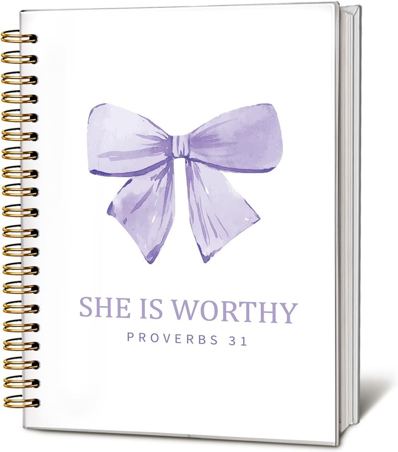 WLIANG LIANHW Coquette Purple Bow Spiral Bible Notebook for Note Taking, She is Worthy Christian Notebook for Women, Aesthetic Preppy Bible Study Journal, Christian Hardcover Notebook 5.5 x 8.3 - Image 1